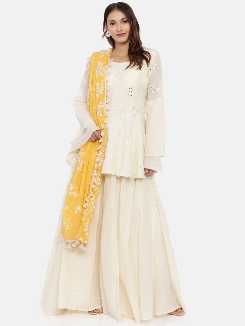

Neerus Cream-Coloured & Yellow Embellished Ready to Wear Lehenga & Blouse with Dupatta