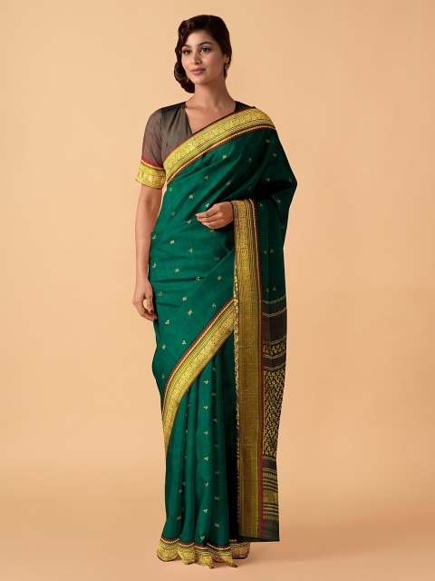 

Taneira Green & Yellow Pure Silk Woven Design Kanjeevaram Saree With Zari Border