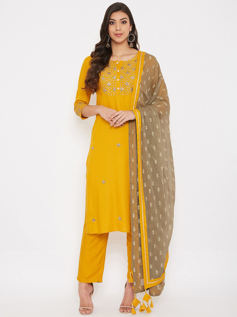 

Prakhya Women Yellow Embroidered Kurta with Palazzos & Dupatta