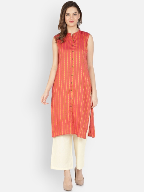 

Dipsha Women Orange Striped Thread Work Kurta