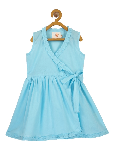 

charkhee Girls Blue Solid Cotton Wrap Dress