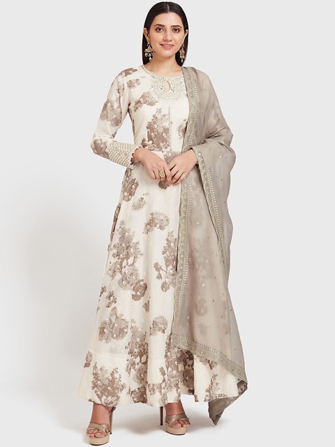 

Neerus Women Cream-Coloured & Brown Printed Kurta with Trousers & Dupatta