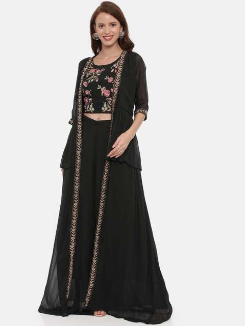 

Neerus Women Black & Pink Embellished Coat with Palazzos
