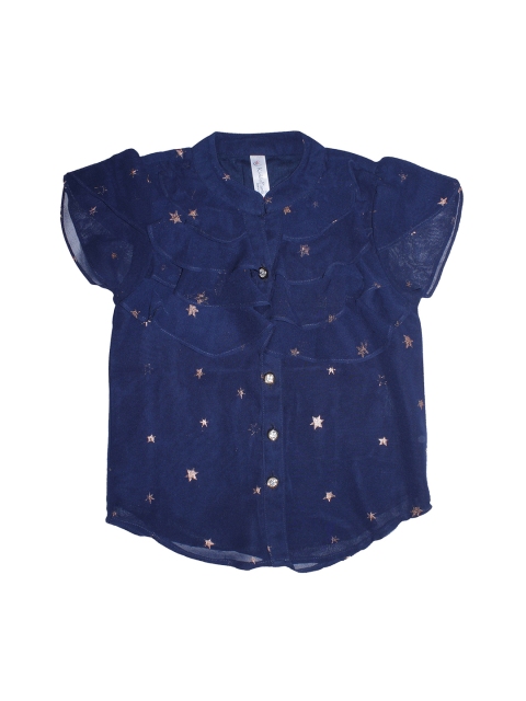 

KiddoPanti Navy Blue Geometric Printed Mandarin Collar Crepe Shirt Style Top