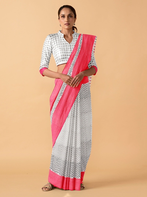 Taneira White & Pink Pure Cotton Printed Block Print Saree