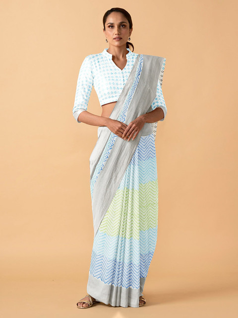 

Taneira Multicoloured Pure Cotton Striped Block Print Saree, Multi