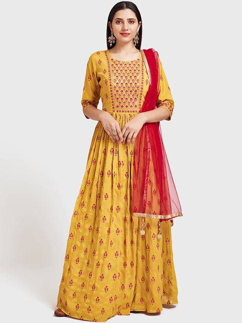 

Neerus Women Yellow & Red Embroidered Kurta with Churidar & Dupatta