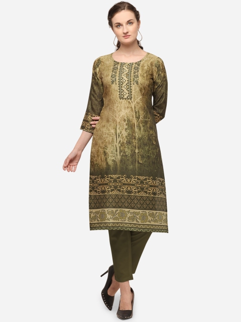 

VENISA Women Olive Green Ethnic Motifs Printed Crepe Kurta