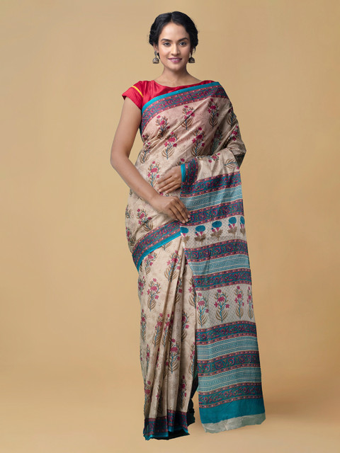 

Unnati Silks Women Cream-Coloured & Blue Pure Krisha Cotton Sustainable Saree