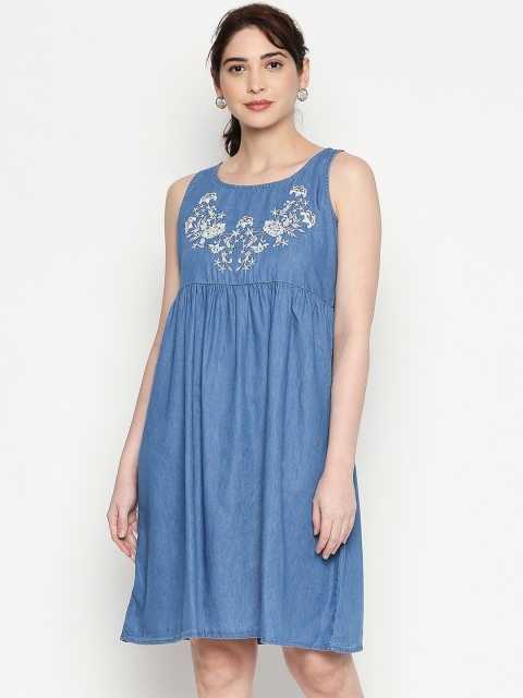 

People Women Blue Embroidered A-Line Dress