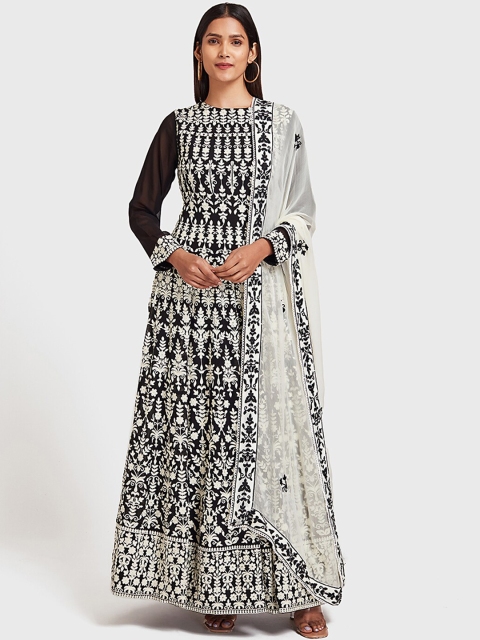 

Neerus Women Black & White Embroidered Top with Churidar & Dupatta