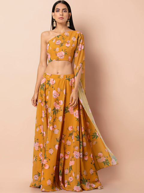 

INDYA Yellow Floral Printed One Shoulder Georgette Top