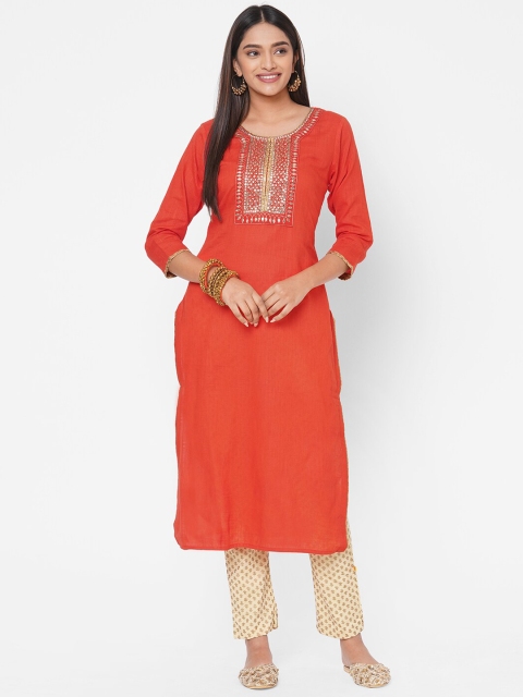 

Vedic Women Rust Red Yoke Design Mirror Work Embellished Kurta