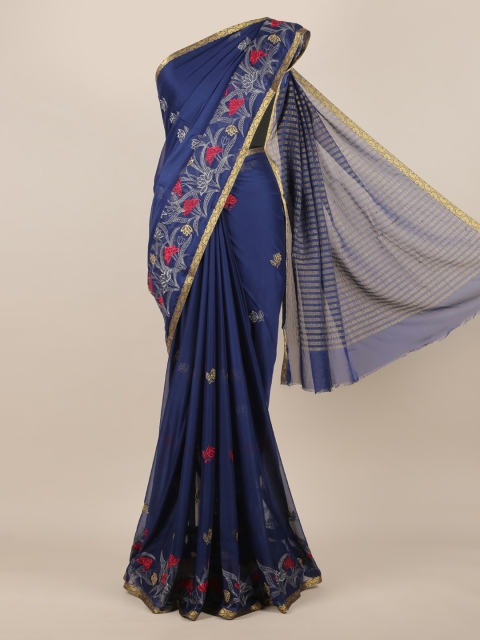 

Pothys Navy Blue Embroidered Poly Georgette Saree