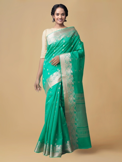 

Unnati Silks Green Silk Cotton Woven Design Baluchari Saree