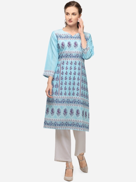 

VENISA Women Blue Ethnic Motifs Printed Crepe Kurta