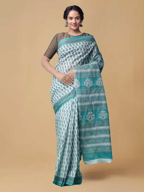 

Unnati Silks Off-White & Green Pure Cotton Printed Kovai Sustainable Saree