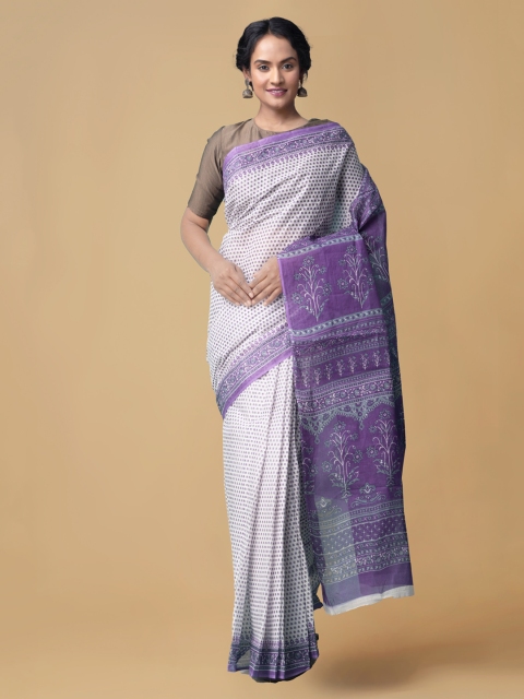 

Unnati Silks White & Purple Pure Cotton Printed Kovai Handloom Saree
