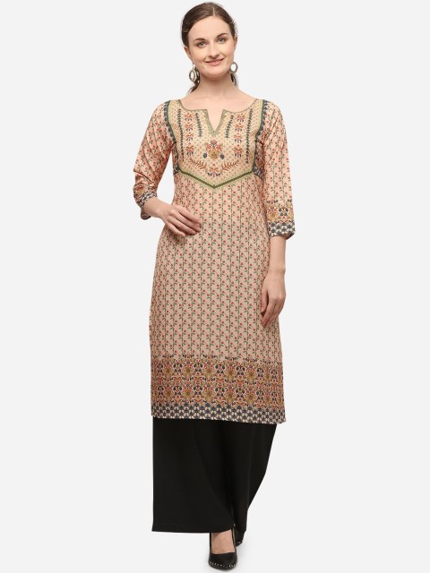 

VENISA Women Beige Floral Printed Crepe Kurta