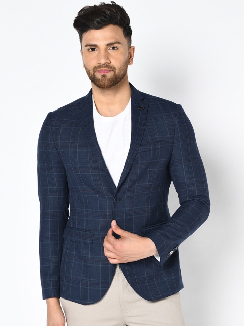 

Blackberrys Men Navy Blue Checked Slim-Fit Single-Breasted Casual Blazer