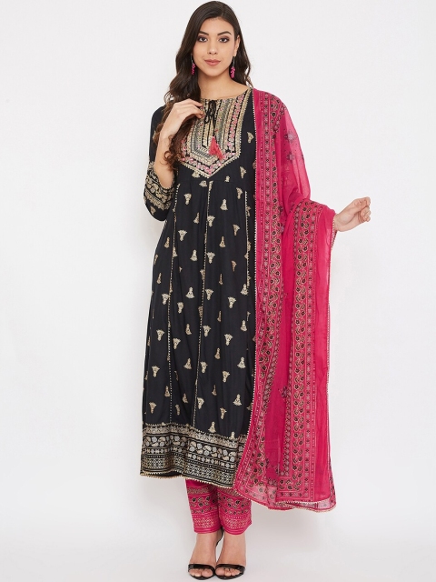 

Prakhya Women Black & Pink Yoke Design Kurta with Churidar & Dupatta