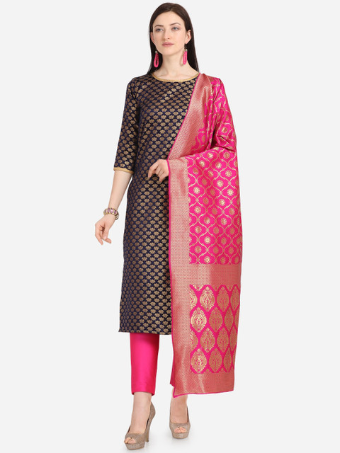 

Satrani Navy Blue & Pink Poly Silk Unstitched Dress Material