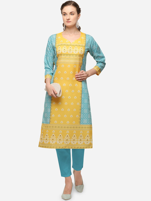 

VENISA Women Yellow Ethnic Motifs Printed Crepe Kurta