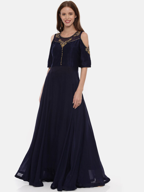 

Neerus Women Navy Blue Embellished Cold-Shoulder Sleeves Zardozi Kurta