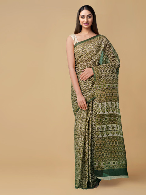 

Unnati Silks Women Cream-Coloured & Green Pure Krisha Cotton Saree