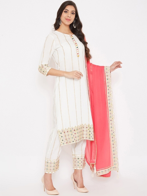

Prakhya Women White & Pink Striped Kurta with Trousers & Dupatta
