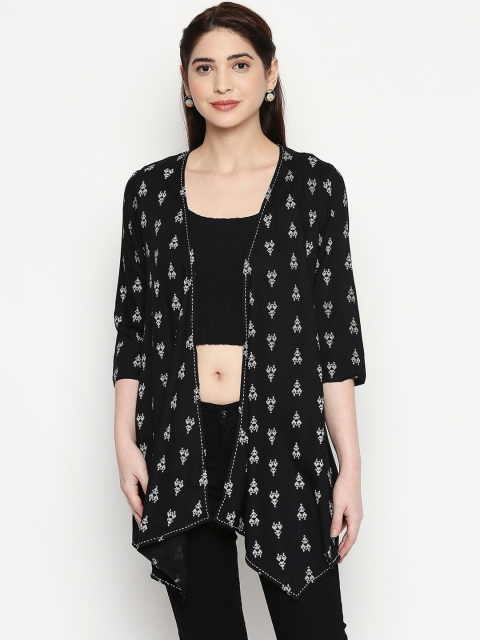 

People Women Black Printed Open Front Jacket