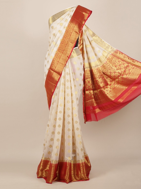 Pothys Off-White & Red Poly Georgette Woven Design Saree