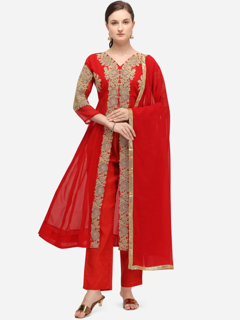 

Florence Red & Gold-Toned Poly Georgette Semi-Stitched Dress Material