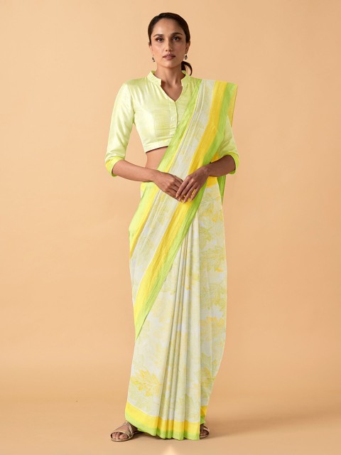 

Taneira White & Yellow Pure Cotton Printed Block Print Saree
