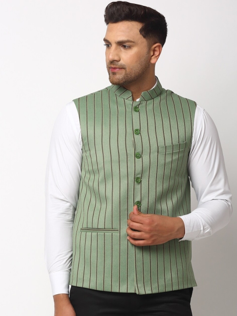 

NEUDIS Men Green & Brown Striped Woven Nehru Jacket