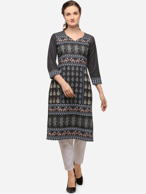 

VENISA Women Black Ethnic Motifs Printed Crepe Kurta