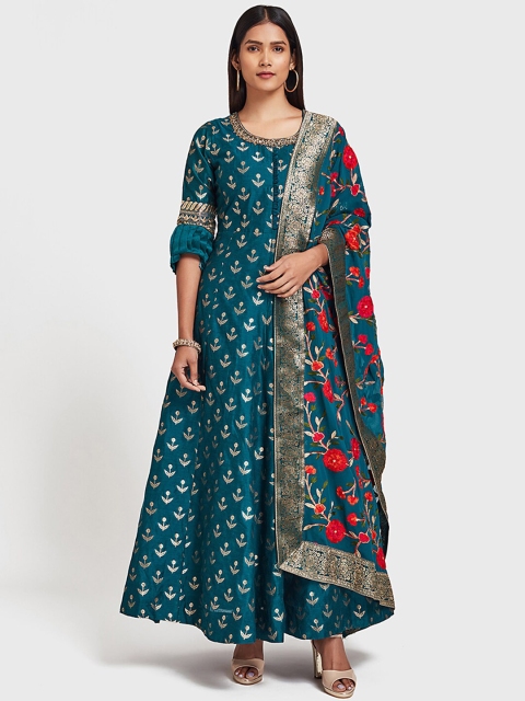 

Neerus Women Blue Printed Kurta with Churidar & Dupatta