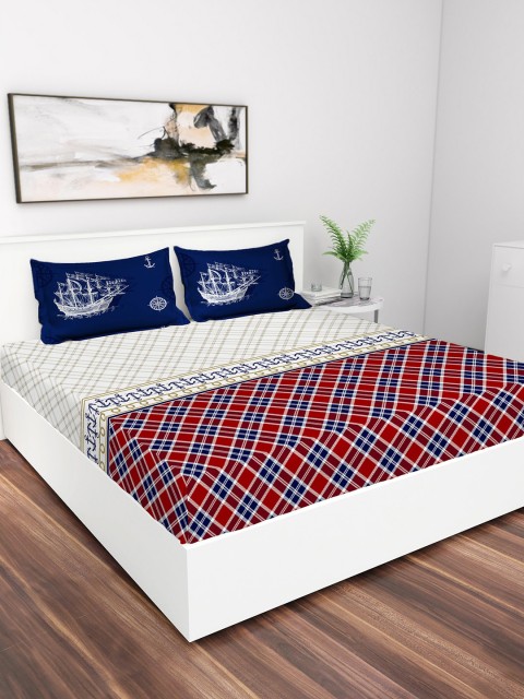 

GRES HOME Red & Blue Geometric 180 TC Cotton 1 King Bedsheet with 2 Pillow Covers