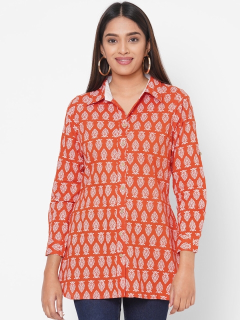 

Vedic Women Orange & White Regular Fit Printed Casual Shirt