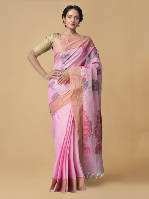 

Unnati Silks Pink Pure Cotton Woven Design Uppada Saree