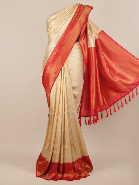 

Pothys Cream-Coloured & Orange Jute Silk Woven Design Saree
