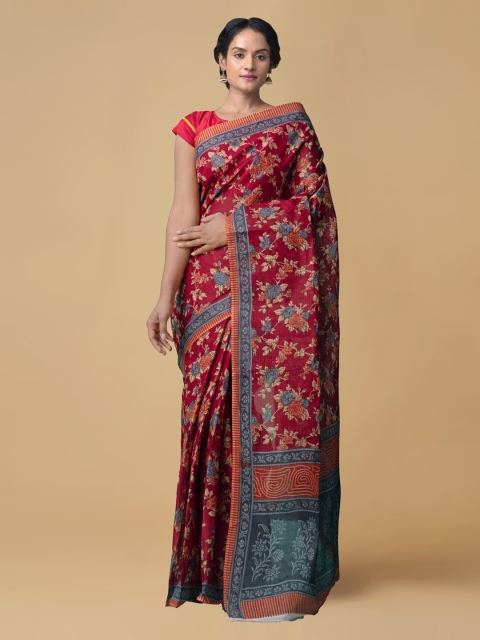 

Unnati Silks Maroon & Grey Pure Cotton Printed Kovai Handloom Saree