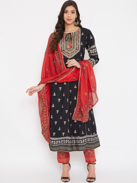 

Prakhya Women Black & Red Printed Kurta with Churidar & Dupatta
