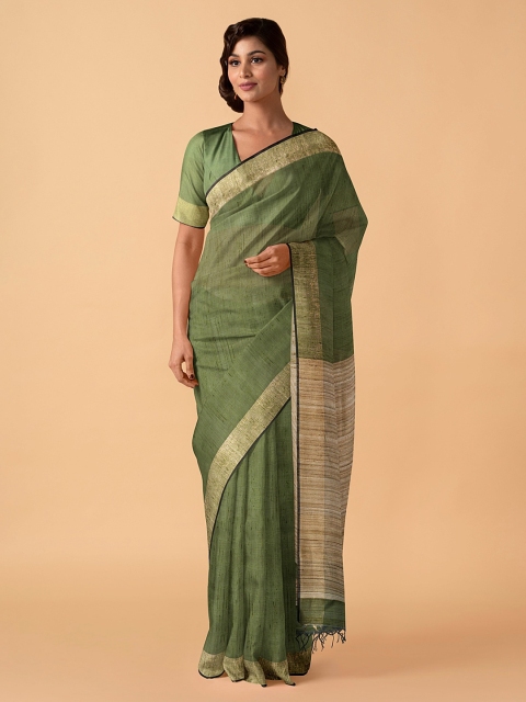 

Taneira Green Pure Silk Solid Bhagalpuri Handloom Saree