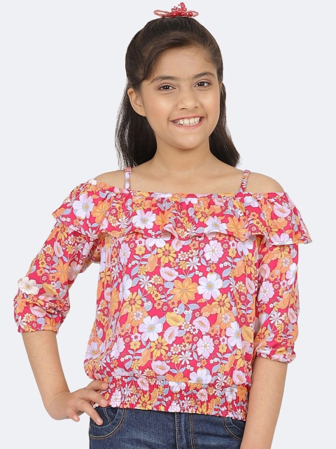

CACA CINA Girls Red Floral Printed Cold-Shoulder Sleeves Layered Top