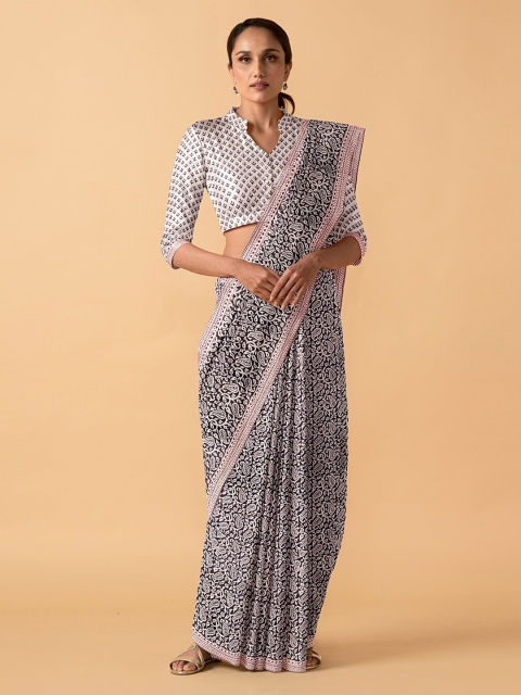 

Taneira Black Pure Cotton Printed Block Print Saree