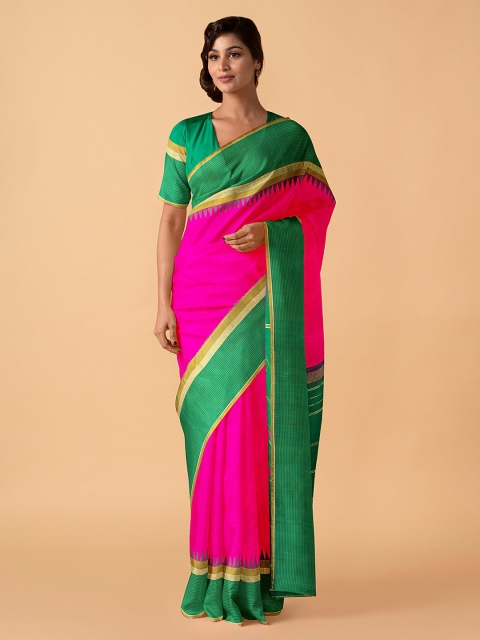 

Taneira Pink & Green Pure Silk Solid Handloom Kanjeevaram Saree