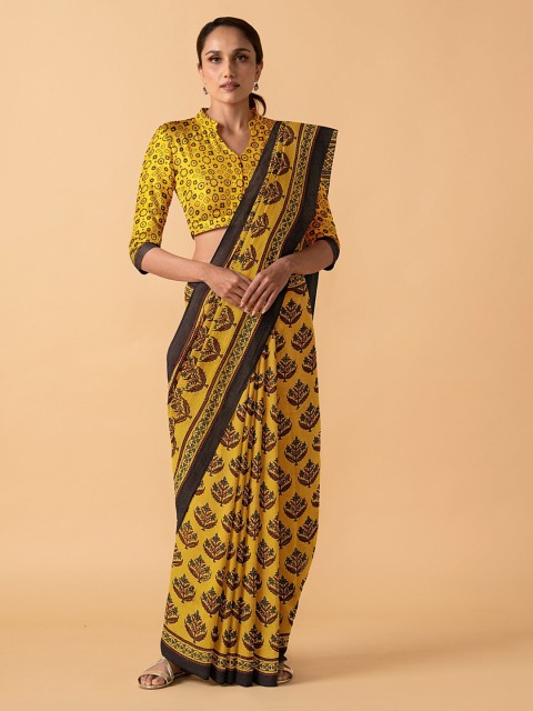 

Taneira Yellow & Maroon Pure Cotton Printed Block Print Saree