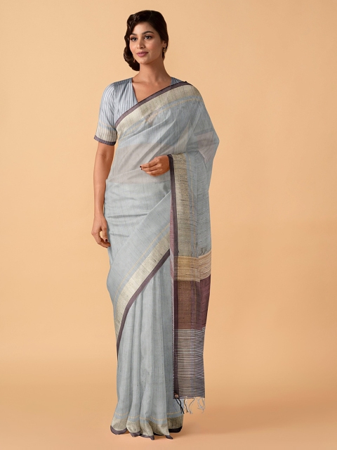 Taneira Grey Pure Silk Solid Bhagalpuri Saree