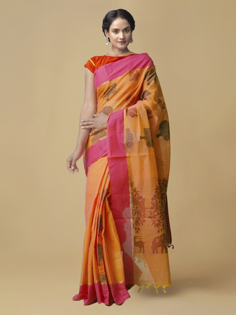 

Unnati Silks Orange Pure Cotton Printed Uppada Saree